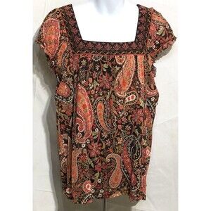 Vintage Apt 9 Mesh Babydoll Top XL Orange Brown Geo Cap Sleeve Boho Hippie Y2K